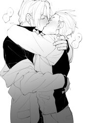 Rule 34 | 2boys, absurdres, ace attorney, antenna hair, apollo justice, arm around shoulder, blush, closed eyes, collared shirt, fingernails, from side, greyscale, hand on another&#039;s back, hand on another&#039;s shoulder, height difference, highres, jacket, kiss, klavier gavin, long sleeves, male focus, monochrome, multiple boys, nennen (nene19515), off shoulder, open collar, pocket, profile, shirt, short hair, speech bubble, sweat, translation request, upper body, v-shaped eyebrows, vest, yaoi
