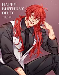 Rule 34 | 1boy, absurdres, artist name, collared shirt, diluc (genshin impact), feet out of frame, genshin impact, hand on own face, happy birthday, highres, long hair, looking at viewer, male focus, mature male, nalamicha, necktie, pants, red background, red eyes, red hair, scar, scar on hand, shirt, signature, simple background, smile, solo, text focus