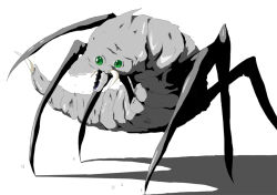 Rule 34 | bug, colored skin, fangs, green eyes, grey skin, monochrome, monster, no humans, shadow, shi yusu, simple background, solo, spot color, white background