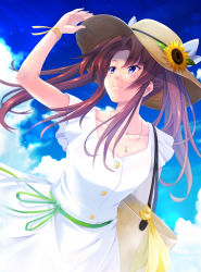 Rule 34 | 1girl, ahoge, alternate costume, blue sky, breasts, brown hair, cloud, collarbone, day, dress, flower, hair ribbon, hat, hat flower, highres, jewelry, kagerou (kancolle), kagerou kai ni (kancolle), kantai collection, long hair, map (blue catty), medium breasts, necklace, ribbon, sidelocks, sky, smile, solo, sun hat, sundress, sunflower, twintails, upper body, white dress, white ribbon