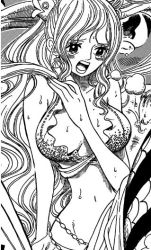 Rule 34 | 1girl, breasts, female focus, fishman island, giant, large breasts, long hair, mermaid, monochrome, monster girl, navel, one piece, open mouth, princess, shell, shirahoshi, solo, tears, water drop