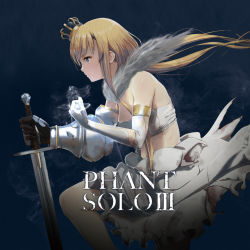 Rule 34 | album cover, armor, blonde hair, blue eyes, copyright request, cover, crown, dark souls (series), dark souls iii, eight tohyama, elbow gloves, fur collar, gloves, glowing, highres, leaning on weapon, long hair, mini crown, on one knee, pauldrons, phant (taishi), planted, planted sword, planted weapon, serious, shoulder armor, single pauldron, skirt, strapless, sword, torn clothes, tube top, weapon