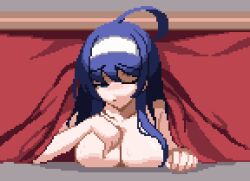 Rule 34 | 1girl, ahoge, anothernullacc, blue eyes, blue hair, blush, breasts, closed mouth, completely nude, hair between eyes, hairband, huge ahoge, long hair, looking to the side, lying, nude, on stomach, one eye closed, orie ballardiae harada, pixel art, solo, under night in-birth, very long hair, white hairband