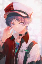 Rule 34 | 1boy, alternate costume, bag, black bag, black choker, blunt ends, bracelet, choker, closed mouth, collarbone, collared jacket, earphones, eyeshadow, genshin impact, hand up, hat, hat ornament, highres, jacket, jewelry, long sleeves, looking at viewer, makeup, male focus, mian lang, multicolored clothes, multicolored jacket, necklace, purple eyes, purple hair, purple shirt, red eyeshadow, red hat, red jacket, saturn symbol, scaramouche (genshin impact), shirt, short hair, solo, sparkle, standing, star (symbol), star bracelet, star hat ornament, star necklace, t-shirt, two-tone headwear, two-tone jacket, white hat, white jacket