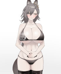 Rule 34 | 1girl, absurdres, alternate costume, animal ears, arknights, asymmetrical bangs, asymmetrical hair, averting eyes, baron kinoko, bikini, black bikini, black nails, black thighhighs, blush, breasts, cleavage, closed mouth, cowboy shot, embarrassed, furrowed brow, gradient background, grey background, grey hair, hair between eyes, hair ornament, halterneck, highres, large breasts, long hair, looking to the side, micro bikini, mole above eye, nail polish, navel, own hands together, penance (arknights), simple background, siracusa logo, skindentation, solo, standing, string bikini, sweatdrop, swimsuit, tail, thigh gap, thighhighs, white background, wolf ears, wolf girl, wolf tail, yellow eyes
