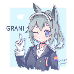 Rule 34 | 1girl, animal ears, arknights, black choker, blue eyes, character name, choker, closed mouth, collared shirt, commentary request, dated, gloves, grani (arknights), grey hair, hair between eyes, highres, horse ears, long hair, one eye closed, pointing, pointing up, shirt, smile, solo, spacebar hobby, white gloves, white shirt