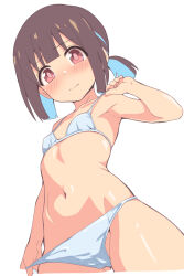 Rule 34 | 1girl, bikini, black hair, blue bikini, blue hair, blush, breasts, cameltoe, cleft of venus, closed mouth, covered erect nipples, hozuki momiji, looking at viewer, multicolored hair, nipples, onii-chan wa oshimai!, pc fworks, red eyes, short hair, simple background, small breasts, solo, standing, swimsuit, twintails, white background