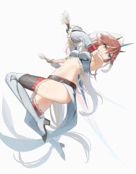 Rule 34 | 1girl, absurdres, allen.n, arknights, blue eyes, bra, breasts, brown hair, detached sleeves, dual wielding, fighting stance, frown, highres, holding, holding sword, holding weapon, horns, kirin r yato (arknights), long hair, multicolored hair, navel, official alternate costume, pointy ears, simple background, small breasts, solo, streaked hair, sword, thighhighs, underwear, weapon, white background, white bra, white sleeves, white thighhighs, yato (arknights)