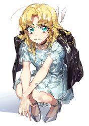 Rule 34 | 1girl, blonde hair, blush, closed mouth, collar, dress, earrings, flat chest, green eyes, grey dress, highres, jacket, jewelry, long hair, original, rabbit, shoes, solo, v arms, wata (attaka towel), white dress, wings
