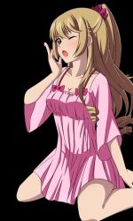 Rule 34 | 10s, 1girl, aiba asagi, bow, breasts, brown eyes, brown hair, cleavage, collarbone, covering own mouth, dress, hair ornament, hand over own mouth, high ponytail, kneeling, long hair, medium breasts, one eye closed, pink dress, red bow, short dress, solo, strike the blood, tears, transparent background, yawning