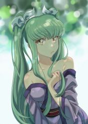 Rule 34 | 1girl, blurry, blurry background, bow, breasts, c.c., cleavage, code geass, collarbone, dappled sunlight, floating hair, green hair, grey bow, hair bow, holding, holding own hair, japanese clothes, kimono, long hair, medium breasts, off shoulder, okuseric, open mouth, purple kimono, solo, sunlight, twintails, very long hair, yellow eyes