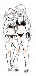 Rule 34 | 2girls, absurdres, bikini, blush, bracelet, braid, breasts, cleavage, front-tie bikini top, front-tie top, full body, height difference, highres, hong meiling, izayoi sakuya, jewelry, large breasts, long hair, monochrome, multiple girls, navel, ponke, sandals, short hair, side-tie bikini bottom, standing, swimsuit, toes, touhou, twin braids, wristband