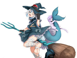 Rule 34 | 1girl, ;d, alternate costume, animalization, bandaged leg, bandages, barefoot, black gloves, bloomers, blue dress, blue eyes, blue hair, blunt bangs, broom, broom riding, cat, dress, fingerless gloves, fins, fish tail, gawr gura, gloves, grey hair, highres, hololive, hololive english, long hair, looking at viewer, multicolored hair, nekomata okayu, nekomata okayu (cat), one eye closed, open mouth, polearm, shark girl, shark tail, sharp teeth, simple background, smile, soles, solo, streaked hair, tail, teeth, trident, underwear, virtual youtuber, weapon, white background, wide sleeves, witch, yomitrooper