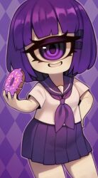 Rule 34 | 1girl, argyle, argyle background, argyle clothes, bob cut, breasts, commentary, commission, contrapposto, cyclops, doughnut, english commentary, food, hair ornament, hairclip, hand on own hip, highres, medium breasts, miniskirt, one-eyed, original, purple eyes, purple hair, purple sailor collar, purple skirt, sailor collar, skirt, smile, solo, zombiemiso