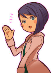 Rule 34 | 1girl, artist request, blush, dress, female focus, katia anderson, level-5, lowres, professor layton, purple hair, short hair, simple background, solo, tagme, white background