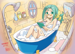 Rule 34 | 1girl, adjusting eyewear, bath, bottle, bubble, bubble bath, commentary request, glasses, grandia, grandia i, green eyes, green hair, highres, long hair, looking at viewer, mio (grandia), nude, oyster (artist), pince-nez, smoking pipe, ponytail, reading, shower head, solo, window