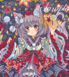 Rule 34 | 1girl, adapted costume, animal ear fluff, animal ears, autumn leaves, black skirt, bow, bowtie, breasts, closed mouth, cowboy shot, dark background, frilled sleeves, frills, grey hair, head tilt, inubashiri momiji, layered skirt, leaf, leaf background, leaf print, looking at viewer, marker (medium), medium breasts, medium hair, pom pom (clothes), print skirt, red bow, red bowtie, red ribbon, red skirt, ribbon, ribbon-trimmed skirt, ribbon-trimmed sleeves, ribbon trim, rui (sugar3), sample watermark, skirt, sleeves past wrists, smile, solo, touhou, traditional media, watermark, wide sleeves, wolf ears