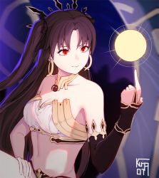 Rule 34 | asymmetrical sleeves, bad id, bad pixiv id, black ribbon, closed eyes, earrings, elbow gloves, fate/grand order, fate (series), gloves, hair ribbon, ishtar (fate), jewelry, koharu1807, looking to the side, parted bangs, red eyes, ribbon, simple background, single elbow glove, smile, solo, two side up, uneven sleeves