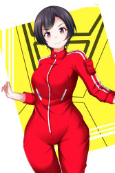 Rule 34 | 1girl, absurdres, animification, black hair, bodysuit, breasts, brown eyes, commission, gekisou sentai carranger, highres, long sleeves, looking at viewer, medium breasts, pandacross, pixiv commission, pouch, red bodysuit, shinohara natsumi, short hair, smile, solo, standing, super sentai, yellow background