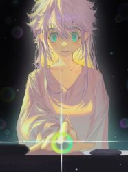 Rule 34 | 1girl, blush, collarbone, expressionless, feitian5575, green eyes, gunjin shougi, highres, hunter x hunter, komugi (hunter x hunter), light particles, long sleeves, messy hair, shirt, simple background, solo, thick eyebrows, unusually open eyes, upper body, white hair, white shirt, wide-eyed