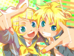 Rule 34 | 1boy, 1girl, blonde hair, brother and sister, cheek-to-cheek, colored eyelashes, finger frame, foreshortening, green eyes, grin, heads together, highres, junji, kagamine len, kagamine rin, school uniform, serafuku, siblings, smile, twins, viewfinder, vocaloid