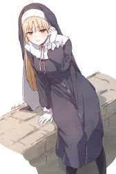Rule 34 | 1girl, blonde hair, brown eyes, capelet, closed mouth, full body, fuusuke (fusuke208), gloves, half-closed eyes, highres, long hair, looking at viewer, nijisanji, nun, simple background, sister claire, sister claire (1st costume), sitting, smile, solo, traditional nun, virtual youtuber, white background, white capelet, white gloves