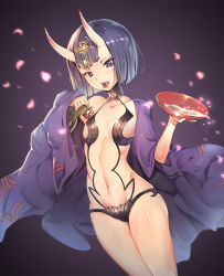 Rule 34 | 1girl, alcohol, blush, breasts, cup, eyebrows, fate/grand order, fate (series), food, fruit, horns, japanese clothes, jewelry, kimono, looking at viewer, navel, oni, open mouth, purple eyes, purple hair, sakazuki, sake, short hair, shuten douji (fate), shuten douji (first ascension) (fate), skin-covered horns, small breasts, smile, solo, teddy (khanshin), tongue, tongue out