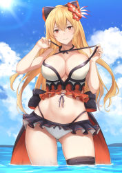 Rule 34 | 1girl, bikini, bikini skirt, blonde hair, blue sky, bow, breasts, cleavage, cowboy shot, criss-cross halter, day, flower, frilled bikini, frills, gluteal fold, granblue fantasy, hair between eyes, hair bow, hair flower, hair ornament, halterneck, head tilt, highleg, highleg bikini, highres, large breasts, lifting own clothes, long hair, looking at viewer, multi-strapped bikini, navel, outdoors, parted lips, red eyes, sky, smile, solo, stomach, strap lift, swimsuit, terry (pixiv3274443), thigh strap, untying, vira (granblue fantasy), wading, wet, wet hair, white bikini
