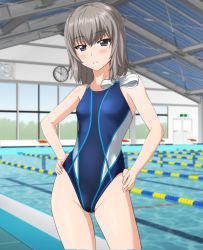 Rule 34 | 10s, 1girl, absurdres, competition swimsuit, contrapposto, cowboy shot, girls und panzer, gluteal fold, grey eyes, hands on own hips, highres, indoors, itsumi erika, long hair, looking at viewer, multicolored clothes, multicolored swimsuit, object in clothes, object in swimsuit, one-piece swimsuit, parted lips, pool, silver hair, solo, standing, unworn swim cap, swimsuit, takafumi