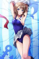 Rule 34 | 10s, 1girl, anchor symbol, armpits, arms up, black socks, blue eyes, blue one-piece swimsuit, breasts, brown hair, competition swimsuit, head tilt, highres, kneehighs, looking at viewer, love live!, love live! sunshine!!, lying, medium breasts, messy hair, on back, one-piece swimsuit, parted bangs, school swimsuit, school uniform, serafuku, shian (my lonly life.), short hair, skirt, smile, socks, solo, striped, swept bangs, swimsuit, swimsuit under clothes, thighs, vertical stripes, watanabe you