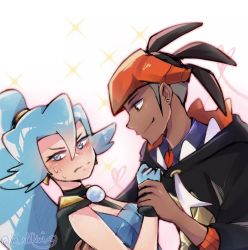 Rule 34 | 1boy, 1girl, abstract background, blue hair, blush, clair (pokemon), commission, commissioner upload, creatures (company), dark-skinned male, dark skin, embarrassed, from side, game freak, gym leader, hair between eyes, holding hands, nintendo, pokemon, pokemon hgss, pokemon swsh, raihan (pokemon), signature, tsundere, universal-kun (m ukkiw)