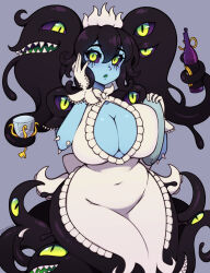 Rule 34 | 1girl, absurdres, black hair, black sclera, blue skin, borrowed character, bottle, breasts, cleavage, colored sclera, colored skin, commission, covered navel, gloves, green eyes, highres, large breasts, long hair, looking at viewer, monster girl, original, parted lips, solo, the scarlet devil, twintails, white gloves, wine bottle