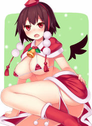Rule 34 | 1girl, alternate costume, bell, bikini, bikini pull, black hair, blush, boots, breasts, capelet, christmas, cleavage, clothes pull, covered erect nipples, hat, large breasts, looking at viewer, mikan (bananoha), open mouth, red bikini, red eyes, shameimaru aya, solo, swimsuit, tears, tokin hat, touhou