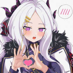 Rule 34 | 1girl, ahoge, blue archive, blush, coat, coat on shoulders, demon horns, forehead, hair ornament, hands up, heart, heart hands, highres, hina (blue archive), horns, karaage (xxxmido02), military, military uniform, open mouth, ponytail, purple hair, solo, uniform, white background, white hair