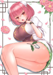 Rule 34 | 1girl, :o, ass, blush, breasts, cuffs, feet out of frame, flower, furrowed brow, gold trim, hair between eyes, hands up, harunoha, highres, hiiragi iwashi, ibaraki kasen, large breasts, looking at viewer, open mouth, pink eyes, pink flower, pink hair, puffy short sleeves, puffy sleeves, setsubun, shackles, short sleeves, solo, tabard, thighs, touhou