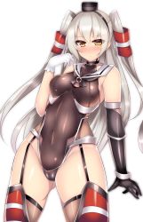Rule 34 | 1girl, :/, adapted costume, amatsukaze (kancolle), ass, asymmetrical gloves, bare shoulders, black gloves, blush, bodysuit, breasts, breasts apart, brown eyes, cameltoe, closed mouth, collarbone, cosplay, covered collarbone, covered erect nipples, covered navel, cowboy shot, elbow gloves, embarrassed, fishnet thighhighs, fishnets, garter straps, gloves, groin, hair tubes, hairband, halterneck, hand up, highleg, highleg leotard, highres, kantai collection, kutan, legs apart, leotard, lifebuoy, long hair, looking at viewer, medium breasts, mismatched gloves, ninja, nose blush, parody, parted bangs, red thighhighs, sailor collar, shiny clothes, shiny skin, sideboob, silver hair, simple background, single elbow glove, single glove, skin tight, solo, standing, striped clothes, striped thighhighs, swim ring, taimanin (series), taimanin asagi, taimanin suit, thigh gap, thighhighs, thighs, turtleneck, two side up, very long hair, white background, white gloves, yellow eyes