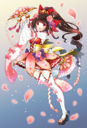 Rule 34 | 1girl, :d, bad id, bad pixiv id, black footwear, black hair, blue background, bow, cherry blossoms, flower, full body, glint, gradient background, hair flower, hair intakes, hair ornament, hair ribbon, hand fan, highres, light particles, long hair, long sleeves, looking at viewer, open mouth, original, petals, pink flower, pink rose, platform footwear, ponytail, purple bow, red eyes, red skirt, red vest, ribbon, rose, sazanami shione, shide, shoes, skirt, smile, solo, standing, standing on one leg, striped, striped bow, thighhighs, tiara, underbust, vest, white thighhighs, wide sleeves