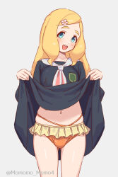 Rule 34 | 1girl, :d, bikini, blonde hair, blue eyes, blush, breasts, clothes lift, dress, dress lift, hair ornament, highres, indie virtual youtuber, lifting own clothes, long hair, looking at viewer, medium breasts, navel, open mouth, orange bikini, shinonome megu, simple background, smile, solo, swimsuit, teeth, virtual youtuber, white background, yoshiwa tomo