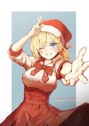 Rule 34 | 1girl, absurdres, arm up, blonde hair, blue eyes, bow, breasts, clenched teeth, commentary, english commentary, foreshortening, hat, highres, hololive, hololive english, large breasts, long hair, looking at viewer, monocle, one eye closed, outside border, outstretched arm, pom pom (clothes), red bow, red skirt, santa hat, shirt, skirt, solo, standing, suiiryu, teeth, upper body, v, virtual youtuber, watson amelia, white shirt