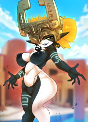 Rule 34 | 1girl, absurdres, ashraely, breasts, cleft of venus, colored sclera, colored skin, female focus, glowing, glowing hair, glowing markings, helmet, highres, large breasts, long ears, midna, multicolored skin, neon trim, nintendo, nipples, pointy ears, pussy, red eyes, solo, the legend of zelda, the legend of zelda: twilight princess, two-tone skin, uncensored, yellow sclera