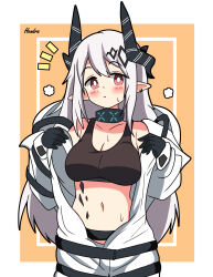 Rule 34 | 1girl, absurdres, arknights, black gloves, black sports bra, blush, border, collarbone, cowboy shot, dot nose, ear piercing, gloves, hair between eyes, hendra, highres, horns, infection monitor (arknights), inset border, jacket, long hair, long sleeves, looking at viewer, material growth, mudrock (arknights), navel, notice lines, open clothes, open jacket, orange background, oripathy lesion (arknights), piercing, pointy ears, red eyes, sidelocks, signature, simple background, solo, sports bra, stomach, straight hair, sweat, undressing, white border, white hair, white jacket