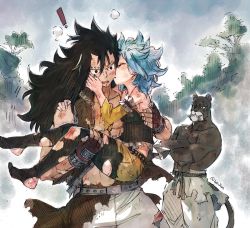 Rule 34 | !, 1girl, 2boys, black hair, black pantyhose, black shirt, blood, blush, brown eyes, carrying, collarbone, couple, crossed arms, detached sleeves, fairy tail, gajeel redfox, grin, hair between eyes, hand on another&#039;s shoulder, kiss, kissing cheek, levy mcgarden, long hair, multiple boys, open mouth, orange shorts, pantherlily, pants, pantyhose, princess carry, rusky, shirt, short shorts, shorts, sketch, sleeveless, sleeveless shirt, smile, torn clothes, torn legwear, torn shorts, very long hair, white pants