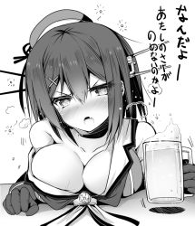 Rule 34 | 10s, 1girl, ai takurou, bare shoulders, beer mug, beret, blush, breasts, cleavage, cup, drunk, eyebrows, fang, gloves, greyscale, hair between eyes, hair ornament, hat, holding, holding cup, kantai collection, large breasts, looking at viewer, maya (kancolle), maya kai ni (kancolle), monochrome, motion lines, mug, nose blush, off shoulder, open mouth, short hair, simple background, sketch, sleeveless, solo, tears, translation request, upper body, white background, x hair ornament