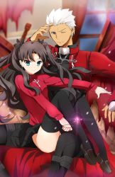 Rule 34 | 1boy, 1girl, archer (fate), black hair, black thighhighs, dark-skinned male, dark skin, fate/stay night, fate (series), green eyes, hair ribbon, jewelry, kurot, loafers, long hair, long legs, long sleeves, looking at viewer, no panties, one eye closed, pendant, ribbon, shoes, sitting, skirt, smile, thighhighs, tohsaka rin, two side up, type-moon, white hair