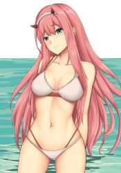 Rule 34 | 10s, 1girl, aqua eyes, arcie albano, arms behind back, bare shoulders, bikini, blush, breasts, cleavage, closed mouth, collarbone, cowboy shot, darling in the franxx, gluteal fold, grey hairband, hair between eyes, hairband, head tilt, highres, horns, long hair, medium breasts, multi-strapped bikini, navel, ocean, pink hair, sidelocks, signature, smile, solo, stomach, straight hair, swimsuit, thighs, very long hair, water, white background, white bikini, zero two (darling in the franxx)