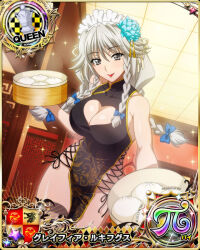 Rule 34 | 1girl, alternate costume, blue bow, bow, bowl, braid, breasts, card (medium), chess piece, china dress, chinese clothes, cleavage, cleavage cutout, clothing cutout, dress, dumpling, female focus, food, grayfia lucifuge, grey eyes, grey hair, hair bow, hair ornament, heart cutout, high school dxd, holding, holding bowl, large breasts, long hair, looking at viewer, maid headdress, matching hair/eyes, mature female, official art, pelvic curtain, queen (chess), red lips, revealing clothes, smile, solo, twin braids
