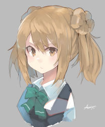 Rule 34 | 1girl, brown eyes, commentary request, double bun, dress, green neckwear, grey background, hair bun, highres, kantai collection, light brown hair, looking at viewer, michishio (kancolle), michishio kai ni (kancolle), pinafore dress, school uniform, short twintails, simple background, sleeveless, sleeveless dress, solo, sunday aki, twintails, upper body