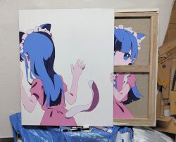 Rule 34 | 2girls, animal ears, art tools in frame, blue eyes, blue hair, blunt ends, canvas (medium), canvas (object), cat ears, cat tail, closed mouth, clothing cutout, commentary request, dot nose, extra ears, fourth wall, hands up, highres, long hair, maid headdress, momoe (mme daigaku), multiple girls, original, peeking out, photo (medium), pink shirt, pink skirt, puffy short sleeves, puffy sleeves, shirt, short sleeves, simple background, skirt, skirt set, tail, tail through clothes, traditional media, upper body, white background