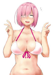 Rule 34 | 1girl, absurdres, adapted costume, bare shoulders, bikini, blush, breasts, cleavage, closed eyes, double v, fate/grand order, fate (series), flying sweatdrops, front-tie top, glasses, halterneck, highres, kurosu gatari, large breasts, mash kyrielight, mash kyrielight (swimsuit of perpetual summer), navel, official alternate costume, open mouth, pink hair, short hair, simple background, solo, swimsuit, upper body, v, white background