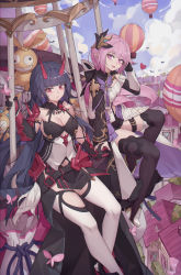 Rule 34 | 2girls, absurdres, balloon, bare shoulders, bird, black gloves, blush, boots, breasts, bug, butterfly, cleavage, closed mouth, clothing cutout, cloud, cloudy sky, commentary request, elysia (honkai impact), elysia (miss pink elf) (honkai impact), flying, gloves, hair between eyes, hair ornament, high heel boots, high heels, highres, homu (honkai impact), honkai (series), honkai impact 3rd, horns, house, insect, large breasts, long hair, long sleeves, looking at viewer, multiple girls, navel cutout, open mouth, pink hair, pointy ears, ponytail, purple eyes, purple hair, raiden mei, raiden mei (herrscher of thunder), sky, smile, thigh boots, white legwear, yuk233